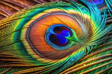 Fototapeta premium Peacock Feather Close-Up Panoramic AI Art, Detailed Macro Photography