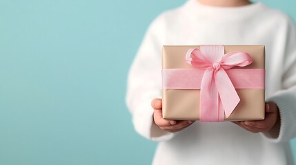 Child Holding a Brown Paper Wrapped Gift with Pink Ribbon