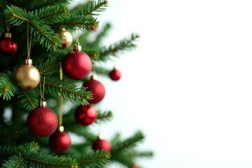 Christmas tree branches with ornaments hanging from gold threads isolated on white background, , background, ornaments