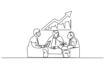 Continuous one line drawing of Business pople meeting with growing graph. Single line drawing illustration of Business Growth plan. Business concept vector art. Doodle line illustration.