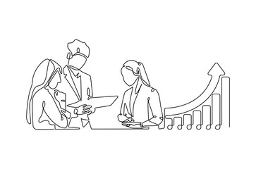 Continuous one line drawing of Business pople meeting with growing graph. Single line drawing illustration of Business Growth plan. Business concept vector art. Doodle line illustration.