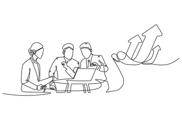 Continuous one line drawing of Business pople meeting with growing graph. Single line drawing illustration of Business Growth plan. Business concept vector art. Doodle line illustration.