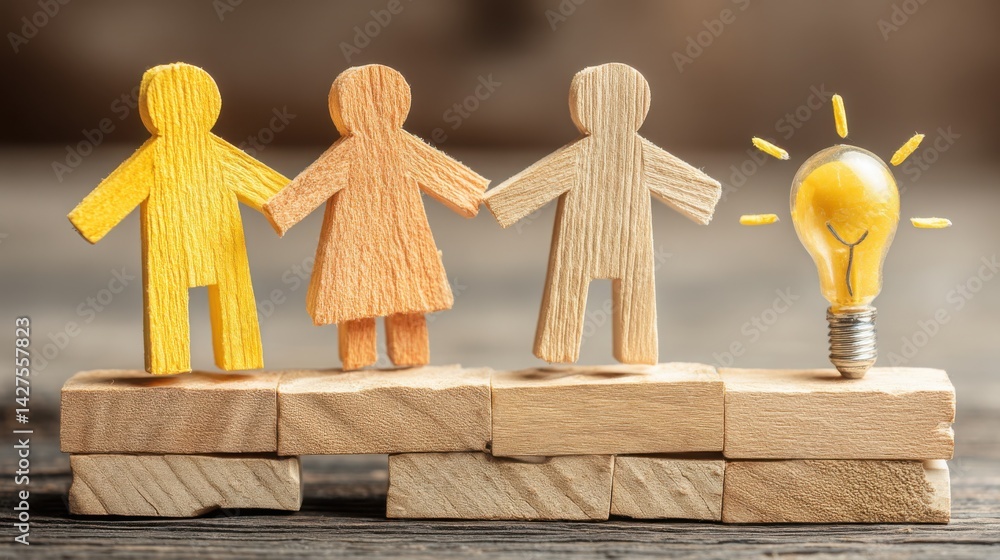 Poster lightbulb symbolizing innovation with wooden figure representing collaboration in a maker space envi