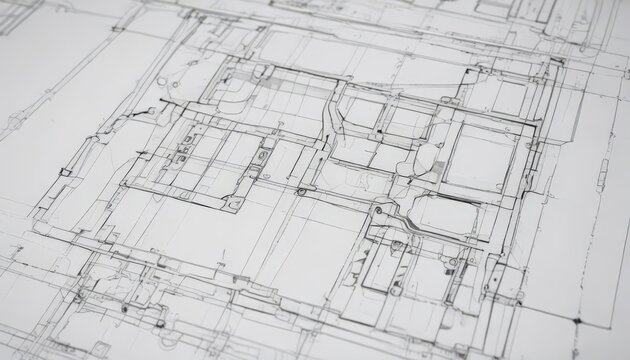 Clean white background, black outlined technical drawing shapes, blueprint style , abstract, style
