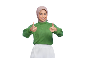 Beautiful smiling Asian woman in green sweater showing thumbs up gesture with hand isolated on transparent background