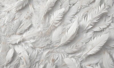Crisp white feathers on a seamless white background, organic, fluffy