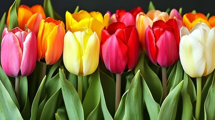 Obraz premium Assortment of Vibrant Tulips Displaying Various Hues and Freshness