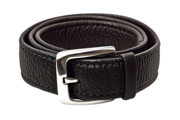 Dark brown leather belt with a silver buckle.  Rolled and positioned for display