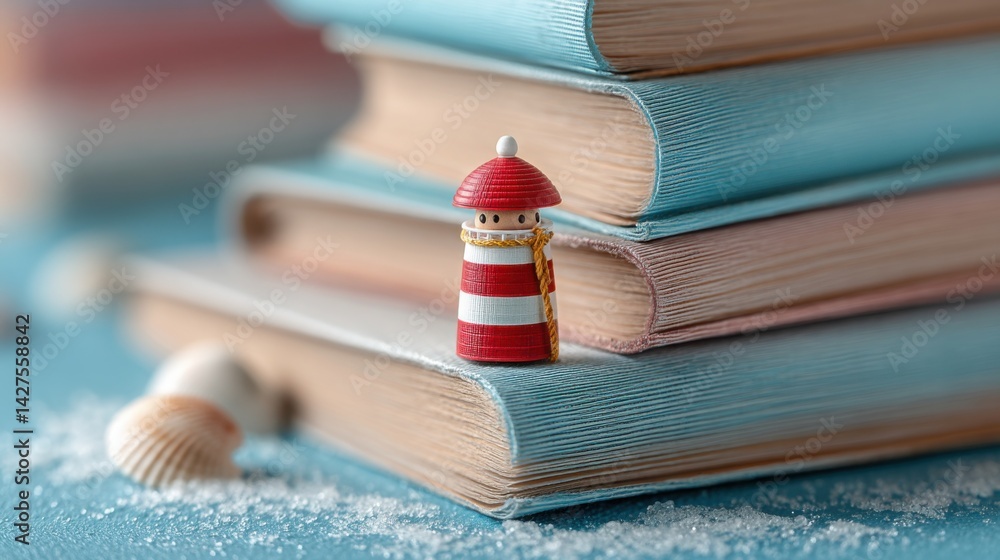 Poster miniature lighthouse placed on a stack of books representing public services and educational resourc
