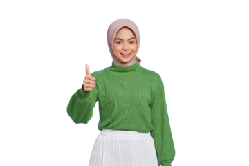 Beautiful smiling Asian woman in green sweater showing thumbs up gesture with hand isolated on transparent background