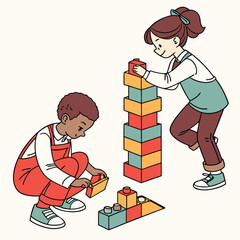 Children Playing with Building Blocks: Cartoon Illustration of Kids Constructing a Tower and Structures with Colorful Toy Bricks