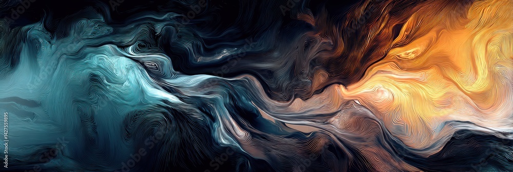 Poster dynamic fluid movement in oil creates an abstract masterpiece with dark and vibrant colors in a mesm
