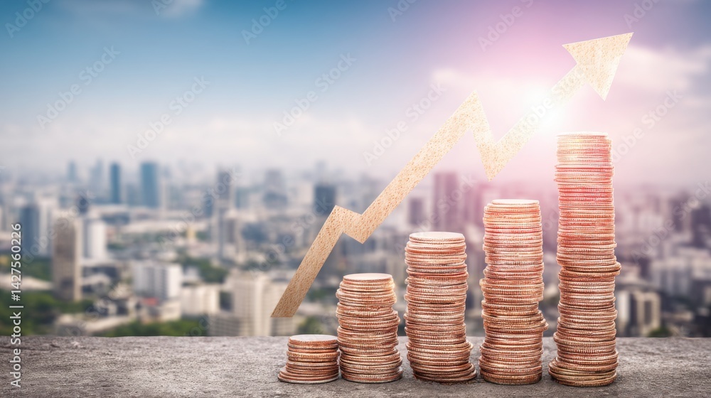 Poster stack of coins with rising arrow representing revenue-neutral policy and concept of balanced budget 