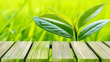 Obraz premium Nature's Embrace: A Fresh Green Shoot Emerging on a Wooden Surface