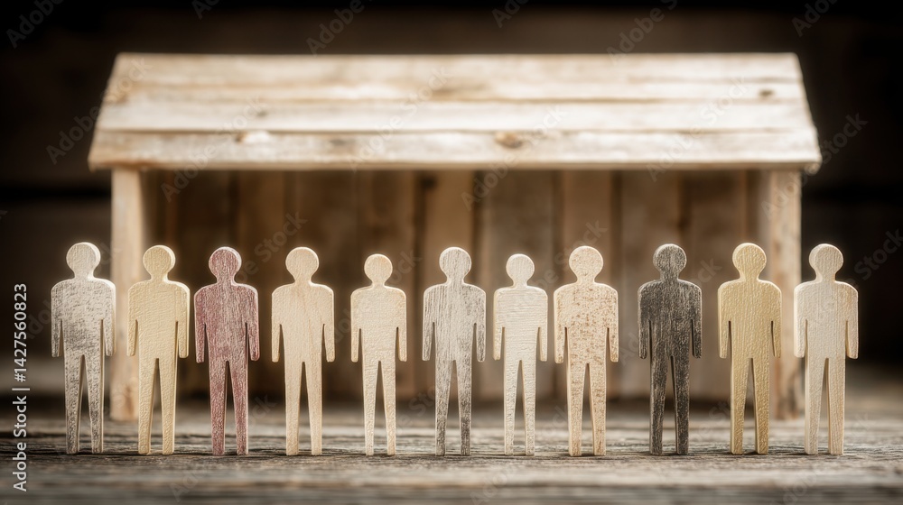 Poster charming collection of wooden figures displaying diversity and unity in the context of community and