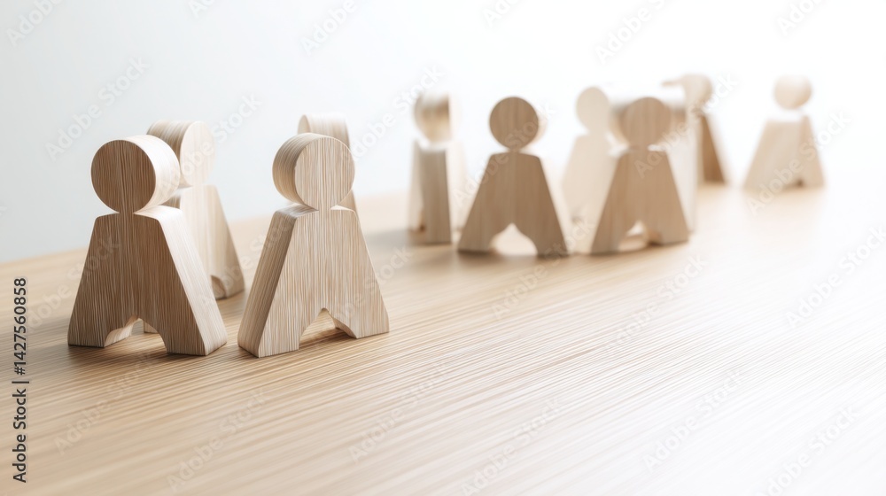 Poster group of wooden figurines representing teamwork and collaboration in a flexible shared workspace con