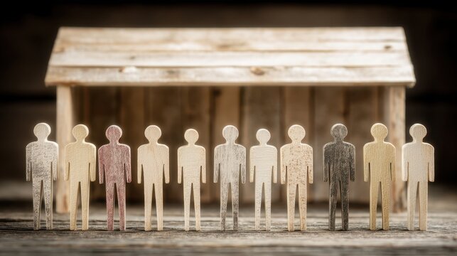 Charming collection of wooden figures displaying diversity and unity in the context of community and playfulness