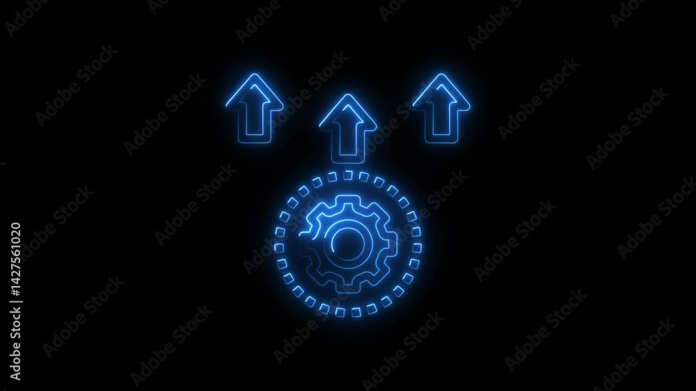 Poster neon gear with upward arrows on black background technology and progress concept digital animation o