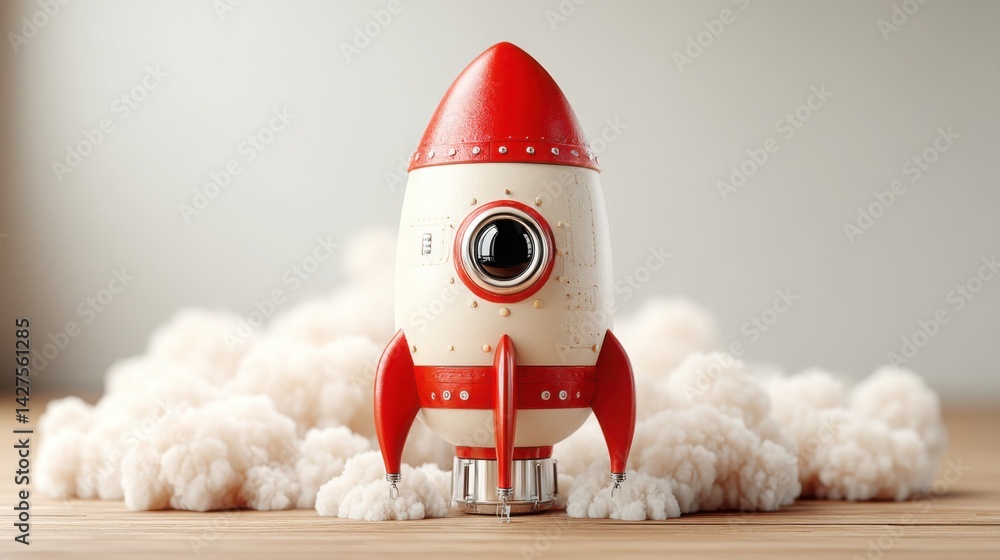 Poster a toy rocket displayed on a table representing the concept of startup accelerator offering support i