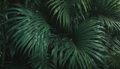Fototapeta premium Deep emerald palm fronds, intricate vein details, tropical backdrop, leaves, nature, details