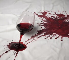 Dark red wine blot spreading on pure white linen , wine stain, design