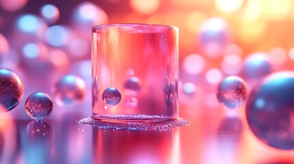Translucent cylinder surrounded by shimmering spheres in vibrant hues.