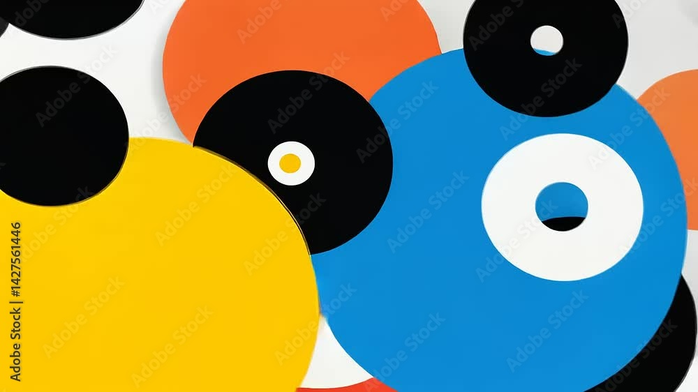 Poster abstract composition of colorful circles and shapes on a dark background, showcasing artistic design