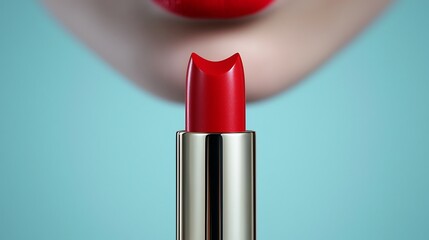 Obraz premium Close Up of Red Lipstick and Lips Against a Teal Background