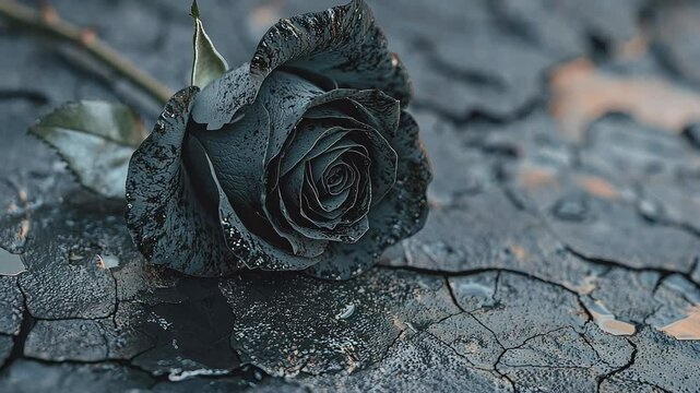 Enigmatic Black Rose: A solitary black rose lies on a textured, cracked surface. The image evokes a sense of melancholy, beauty and decay.