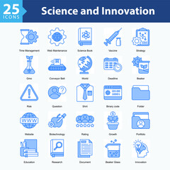 Science and Innovation is a collection of icons in sheet format illustrating scientific innovation, technology research, and the integration of digital tools and time management in modern developme