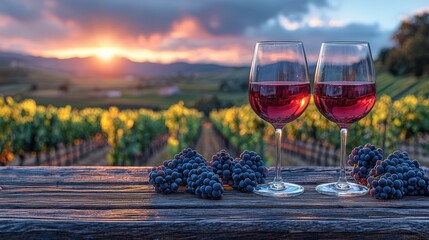 Two glasses of dark red wine on weathered wooden table at sunset vineyard in Tuscany, Italy closeup, blurred golden hills and valley view, rustic outdoor terrace dining concept.