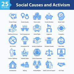 Social Causes and Activism is a collection of icons in sheet format illustrating global social issues, human rights movements, and sustainability campaigns supporting positive societal change.
