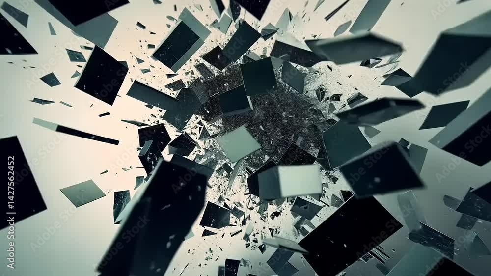 Poster abstract explosion of geometric shapes in a digital space, creating a sense of movement and chaos