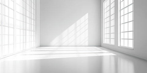 Fototapeta premium Modern minimalist interior design showcasing white walls and expansive windows. Header banner mockup with copy space.