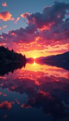 Fototapeta premium Serene lake sunset, fiery sky reflected in calm water, trees, sun