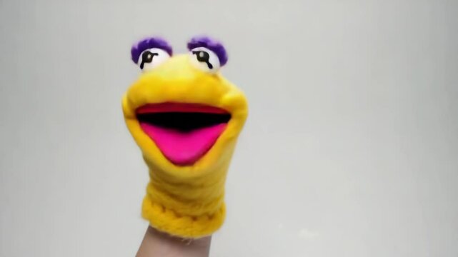 Cheerful yellow sock puppet with purple hair, bright pink mouth, and large expressive eyes moving and bobbing in front of plain background.