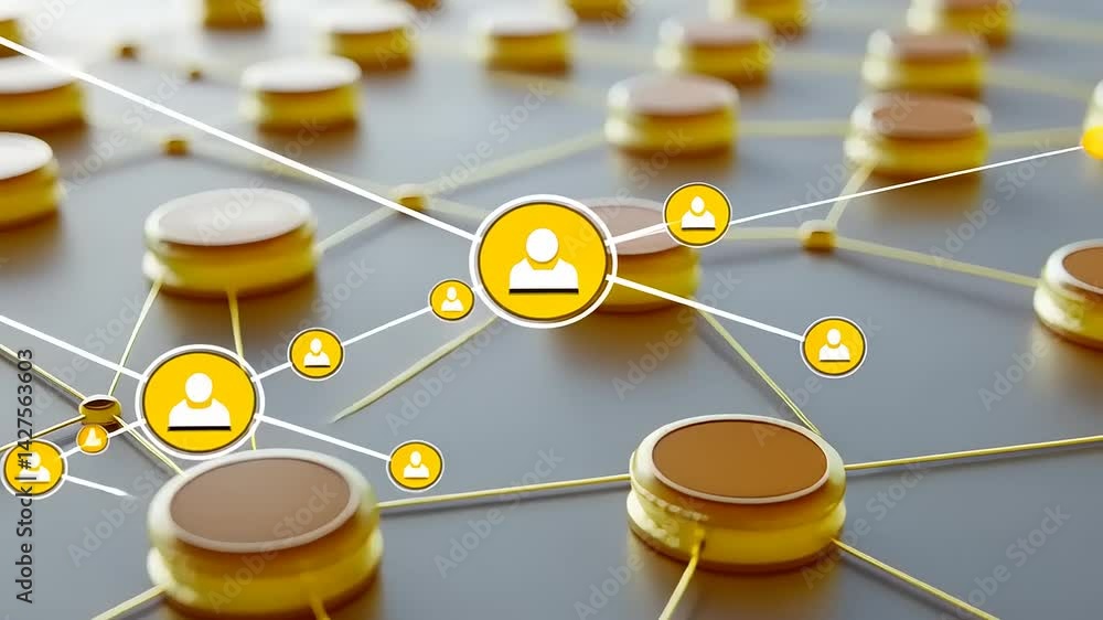 Poster abstract representation of a digital network with interconnected nodes and user icons