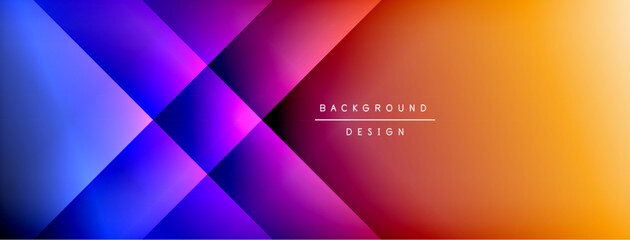 Abstract geometric background. Gradient colors blend from blue, purple, pink to orange. Diagonal shapes create dynamic visual effect. Modern design element.