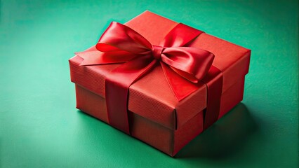 Obraz premium Red Gift Box, Ribbon, Green Background, Minimalist, Holiday, Celebration, Macro Photography