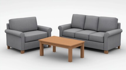 Gray upholstered loveseat and armchairs with light wooden coffee table.