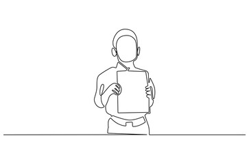 Continuous one line drawing of Boy Holding book. Single line drawing illustration of Little boy with book. International Children's Book Day concept vector art. Doodle line illustration.