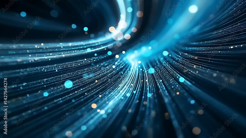 Poster abstract representation of flowing light trails with glowing particles against a dark background