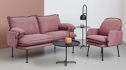 Elegant dusty rose seating set with modern accents in a stylish environment