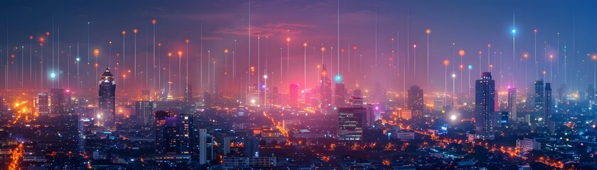 Fototapeta premium Glowing Cityscape of Futuristic Metropolis at Night with Vibrant Lights and Digital Connectivity