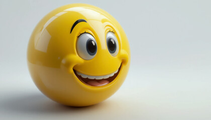A cheerful, 3D-rendered yellow emoticon with a wide, expressive smile and large eyes.  The glossy sphere is set against a simple white background.