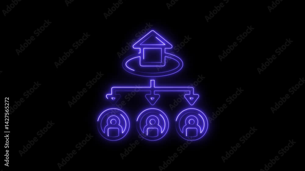 Poster neon organizational chart of team members with hierarchy on dark background