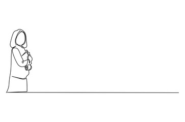 Continuous one line drawing of Little girl holding book. Single line drawing illustration of Girl with book. International Children's Book Day concept vector art. Doodle line illustration.