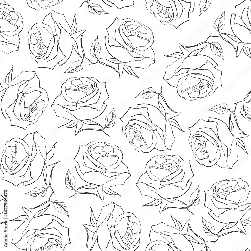 Poster rose line art a patterned array of roses leaves in simple black outline