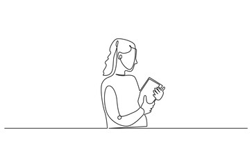 Continuous one line drawing of Little girl holding book. Single line drawing illustration of Girl with book. International Children's Book Day concept vector art. Doodle line illustration.