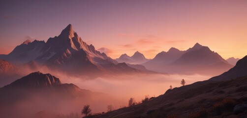 Obraz premium Fiery sunset hues paint misty mountain peaks, gradient sky, background, sunset